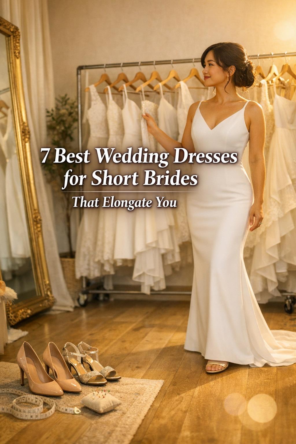 Best wedding dresses for short brides shown in a golden-hour bridal boutique, petite bride comparing silhouettes by mirror.