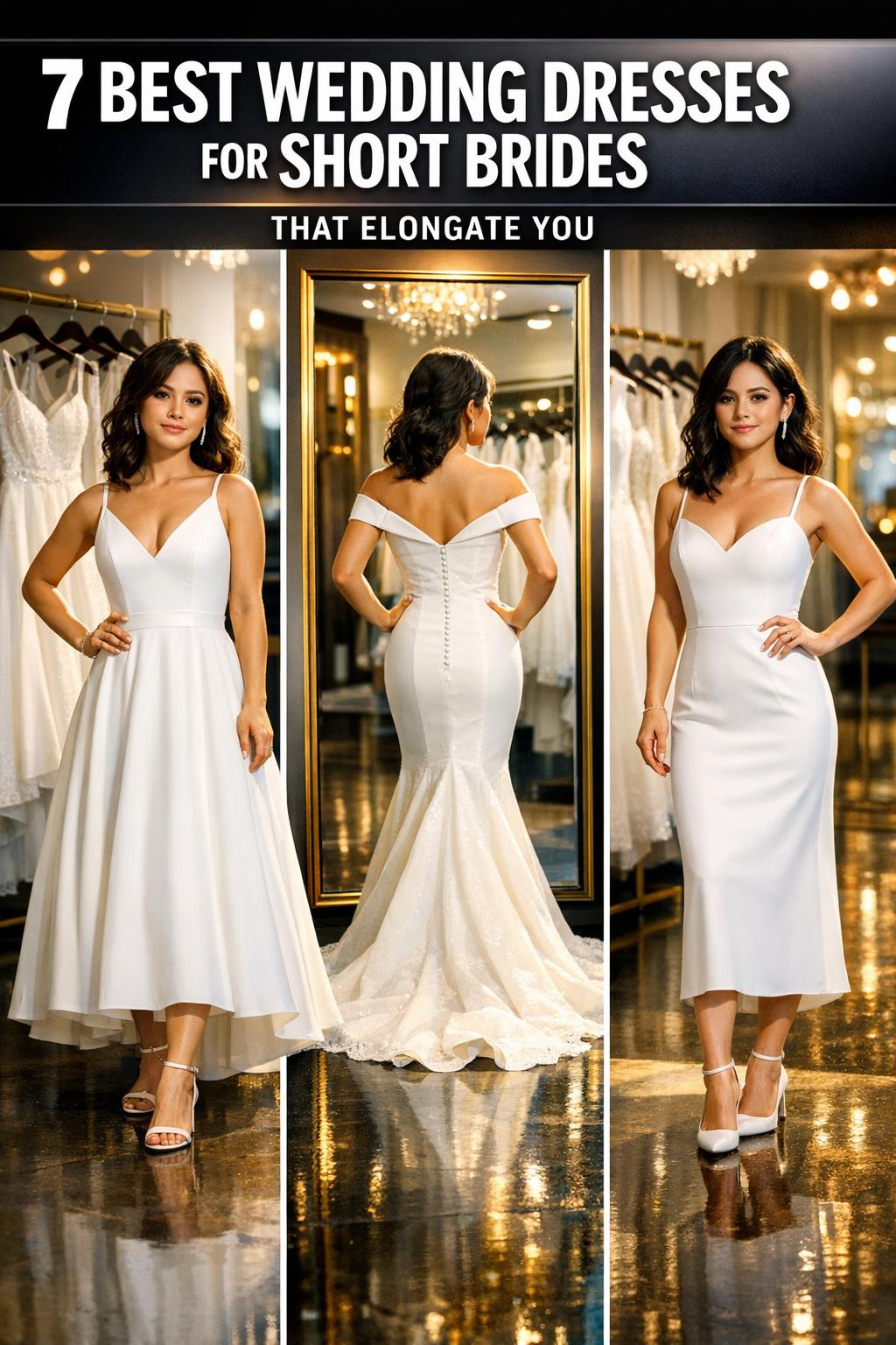 Best wedding dresses for short brides in a bright bridal boutique, featuring elegant gowns on mannequins.