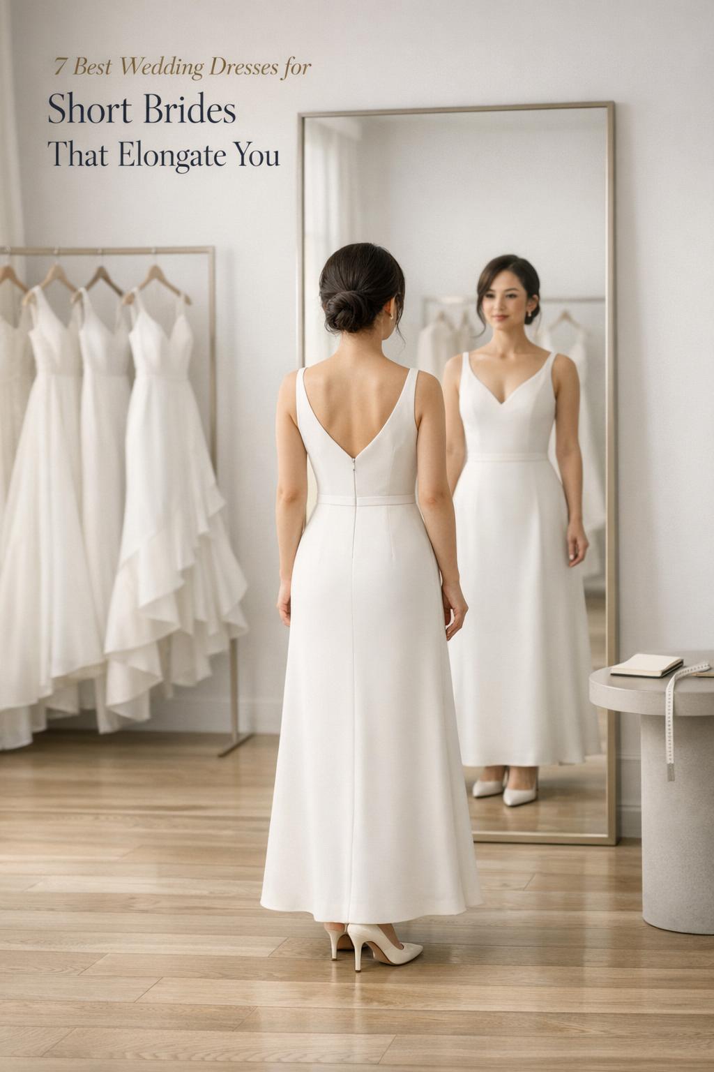 Best wedding dresses for short brides showcased as a petite bride tries on a sleek gown in a minimalist bridal boutique mirror