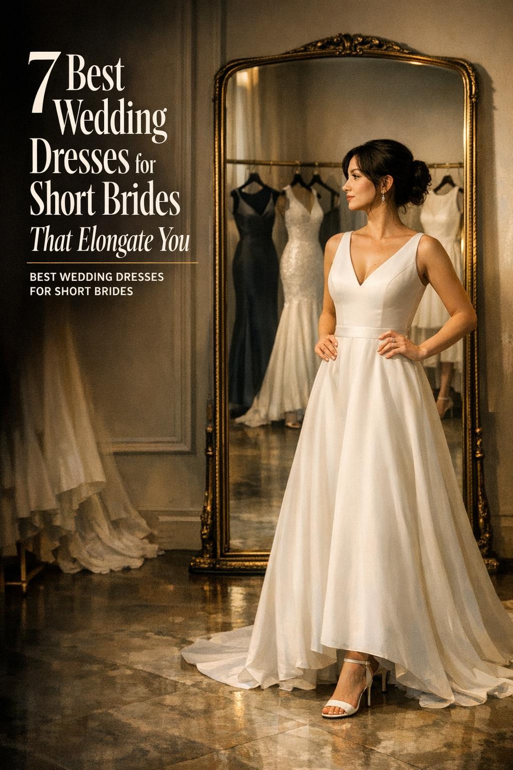 Best wedding dresses for short brides shown in a bright boutique, petite bride in A-line gown by mirror with cinematic lighting.