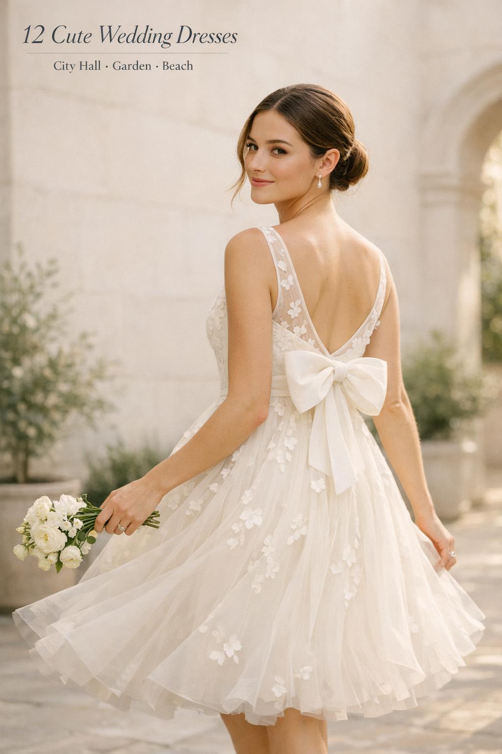 Cute wedding dresses in a sunlit courtyard: modern bride in ivory A-line dress with floral appliqués and bow back, airy sway