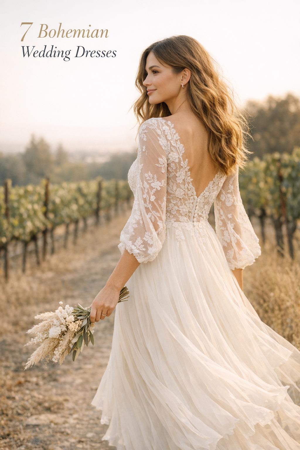 Bride walking on vineyard path at golden hour wearing bohemian wedding dresses, with airy lace sleeves and dried-flower bouquet
