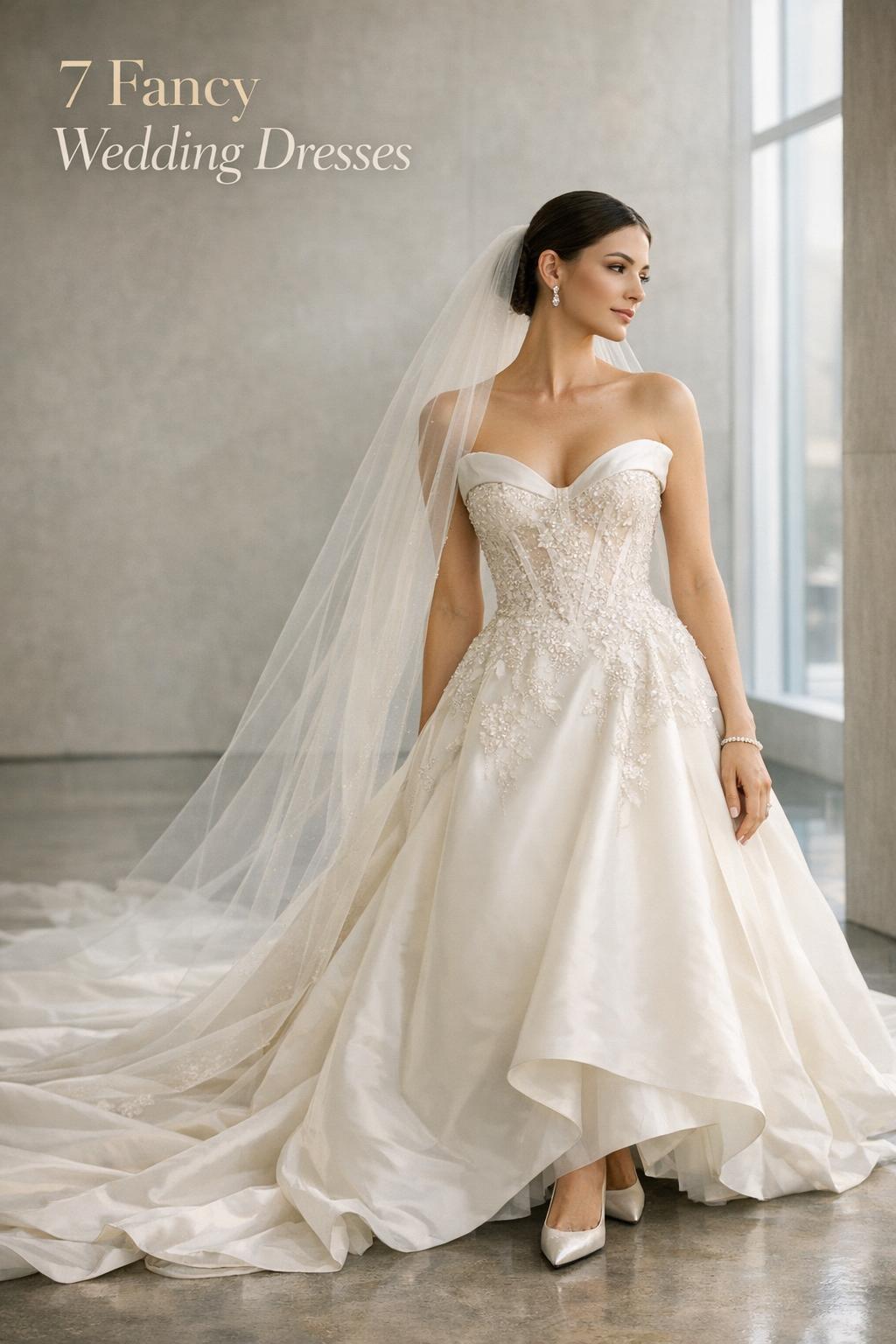 Bride in couture gown with cathedral veil in a modern gallery, text overlay reading 7 fancy wedding dresses