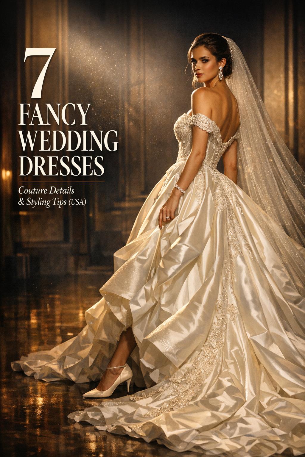 Fancy wedding dresses editorial photo of a glamorous bride in dramatic couture satin gown with cathedral veil in moody venue