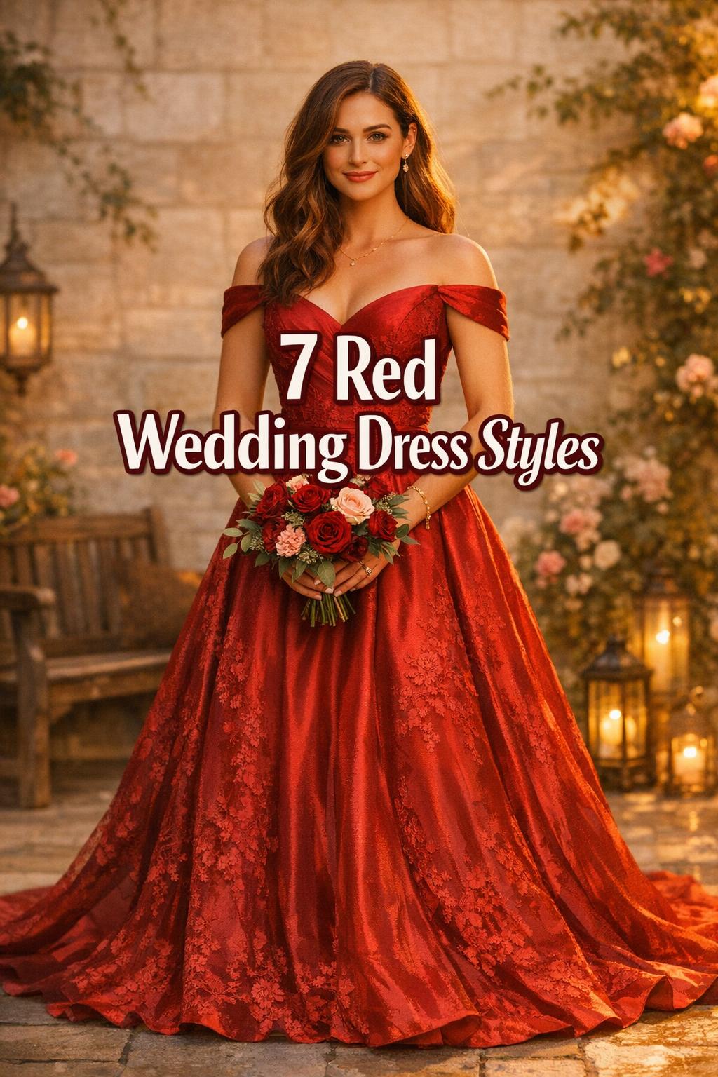 Bride in a crimson satin gown with bouquet in a courtyard garden, featuring red wedding dresses text overlay