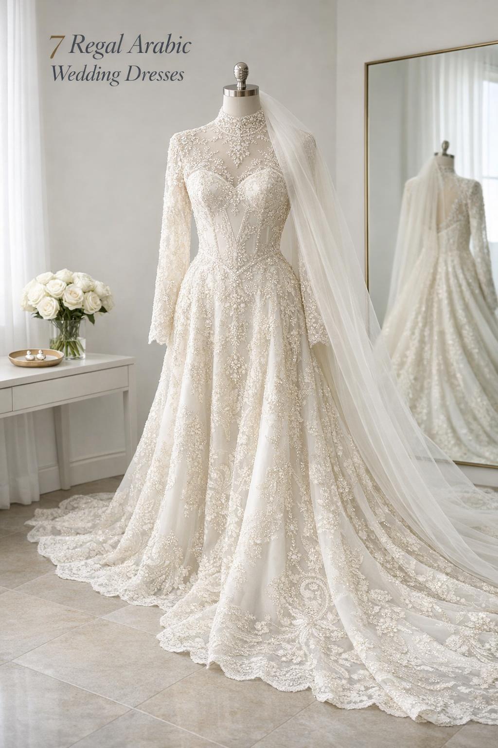 Arabic wedding dresses in a modern bridal boutique fitting room, couture ivory gown on mannequin with mirror and cathedral train