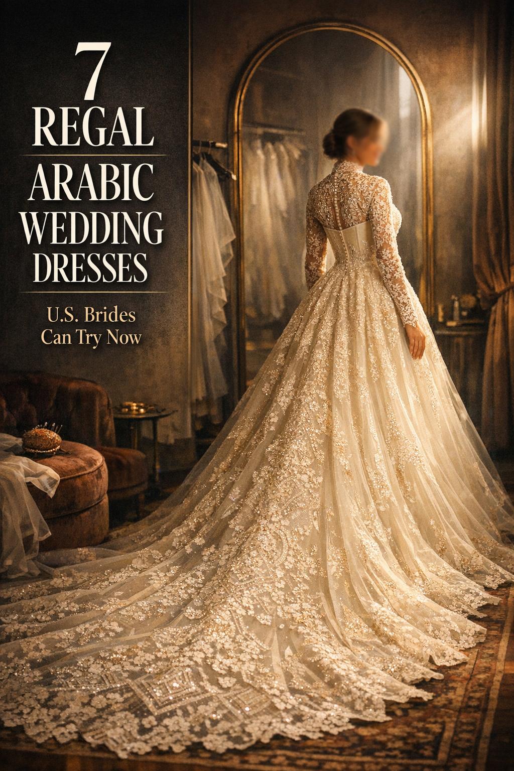 arabic wedding dresses on a U.S. bride in a moody boutique fitting room, ivory couture gown with lace sleeves and cathedral train