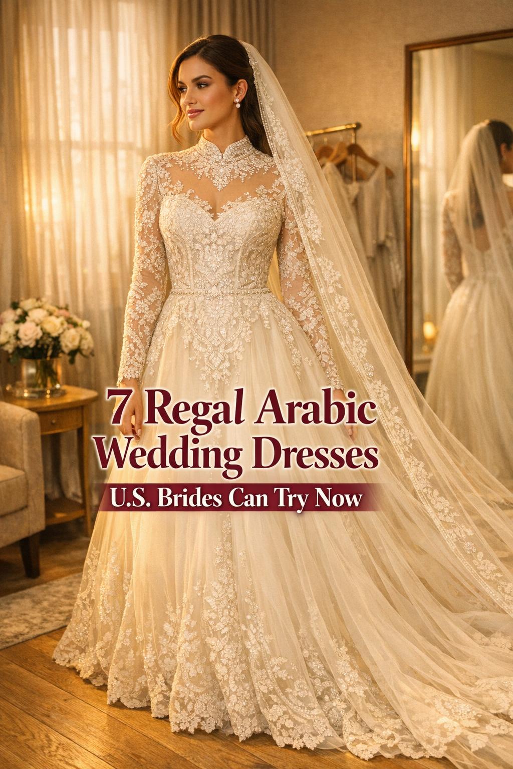 Arabic wedding dresses on a U.S. bride in a golden-hour bridal boutique fitting room, wearing an ivory couture gown and veil