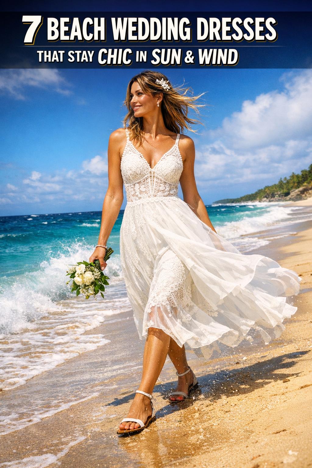 Bride in beach wedding dresses walking along a sandy shoreline at sunset