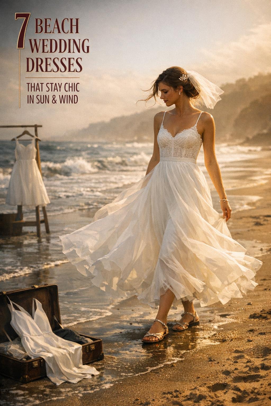 Bride walking on golden-hour shoreline in beach wedding dresses with chic wind-safe gown and travel-friendly outfit options