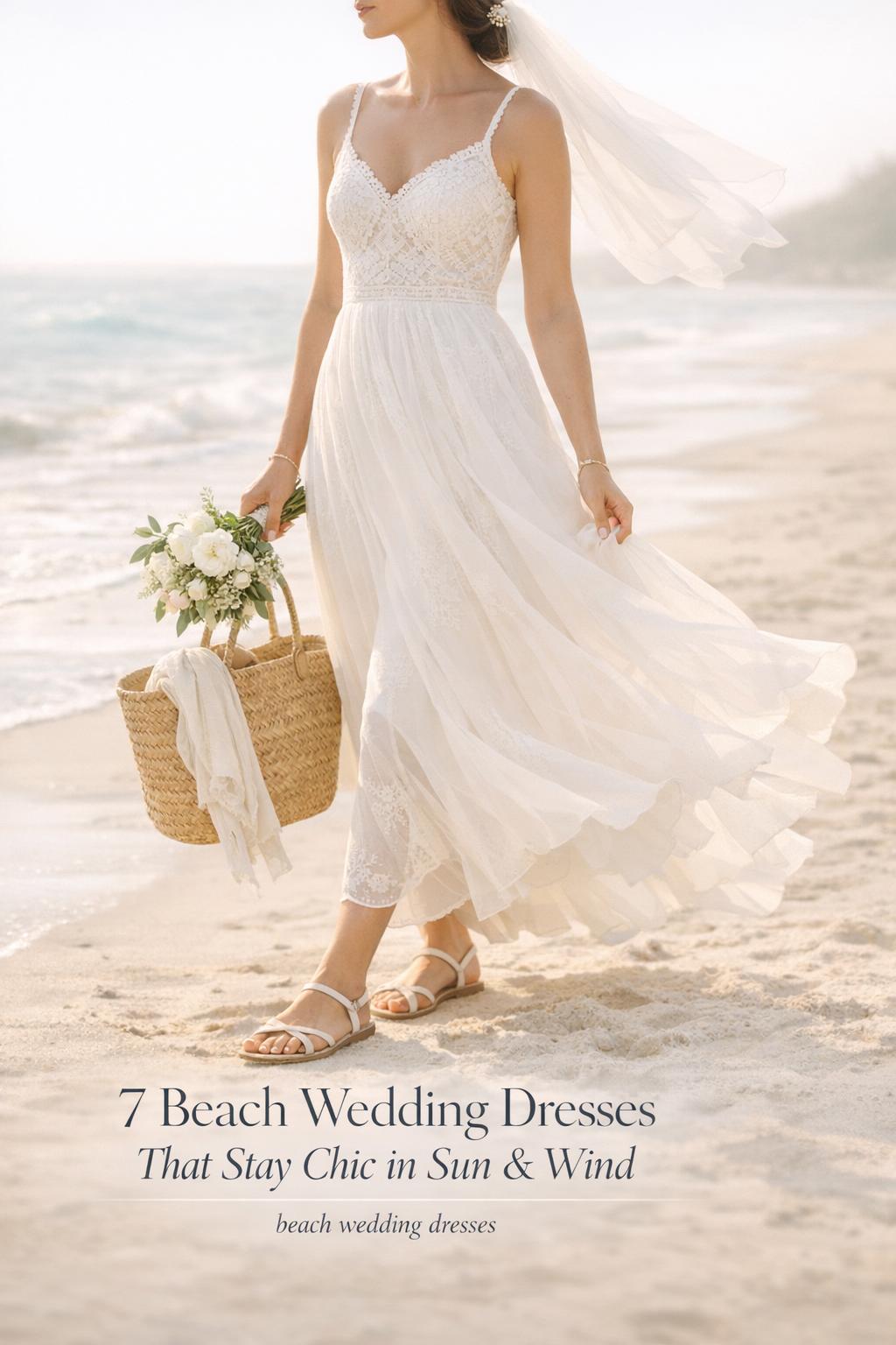 Beach wedding dresses on a sunlit shoreline, chic flowing gown with sandals, bouquet, and straw tote in soft coastal light