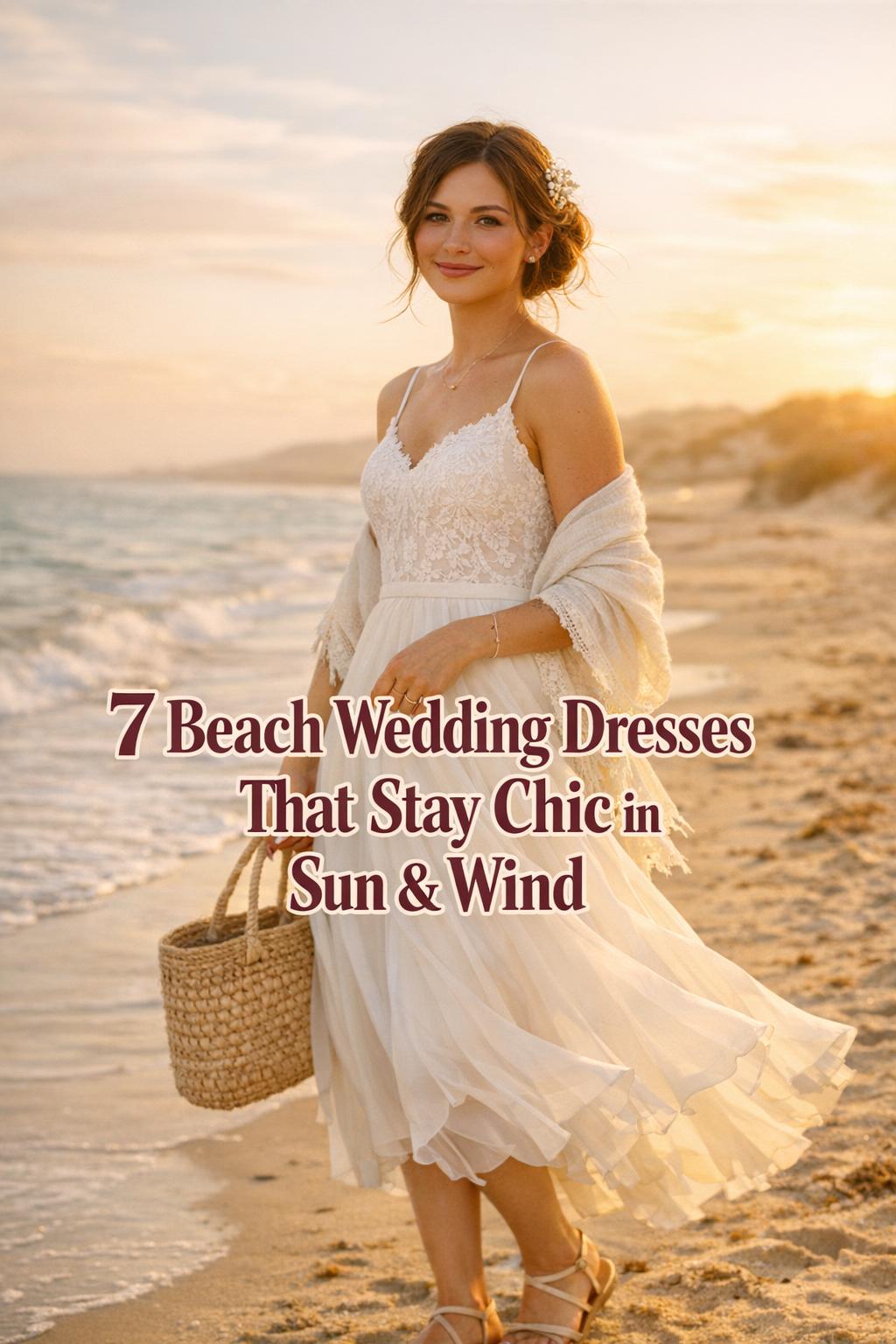 Bride in lightweight beach wedding dresses at golden hour on shoreline with straw tote and text overlay about chic sun and wind