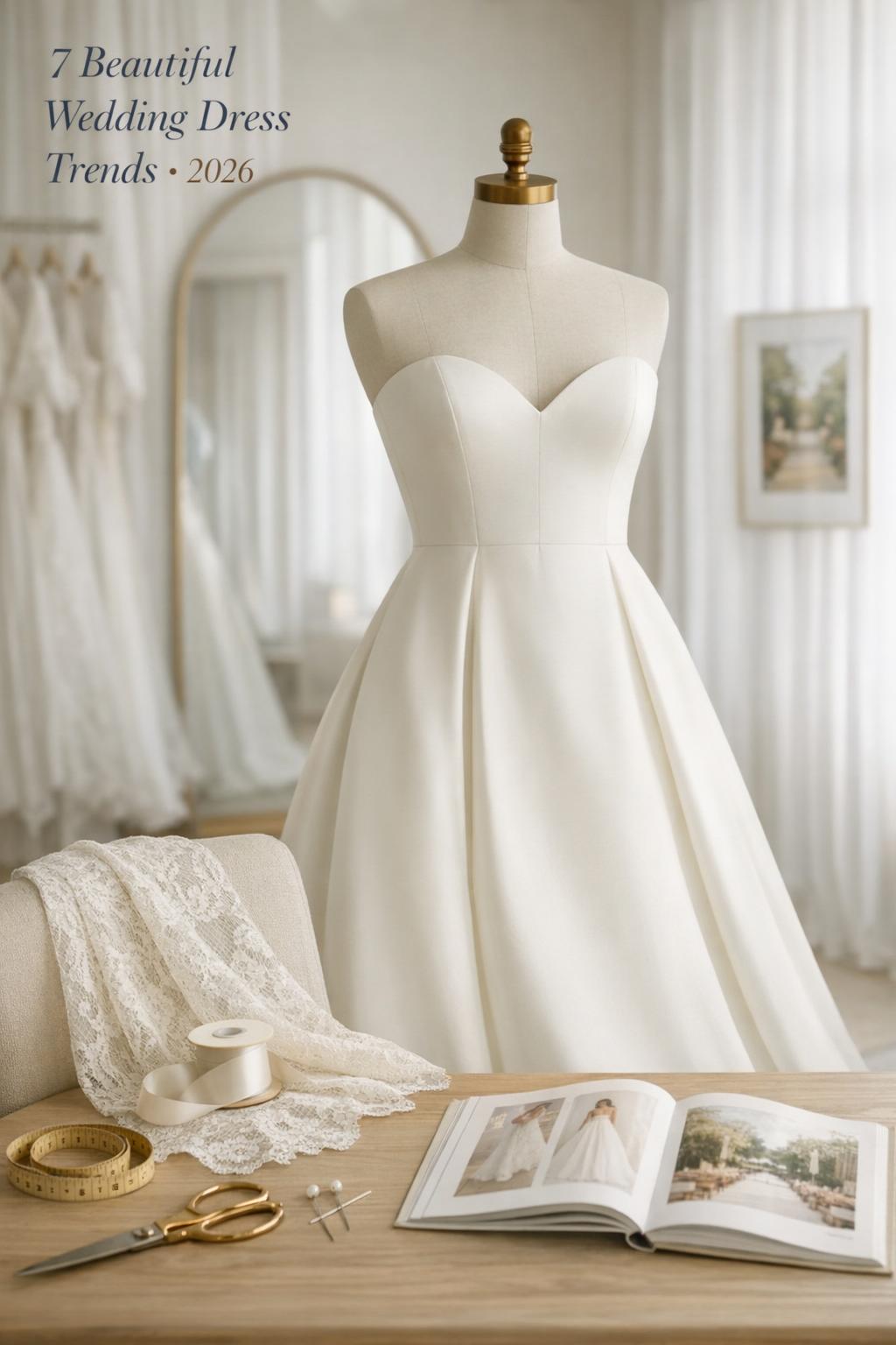 Beautiful wedding dresses: 2026 ivory mikado A-line gown on mannequin in modern bridal boutique fitting room