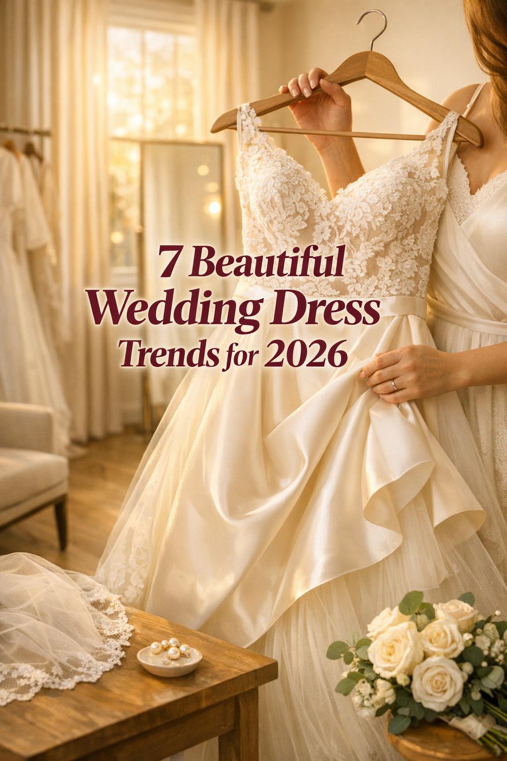 Beautiful wedding dresses in a sunny bridal boutique as a bride holds a lace and satin gown on a hanger