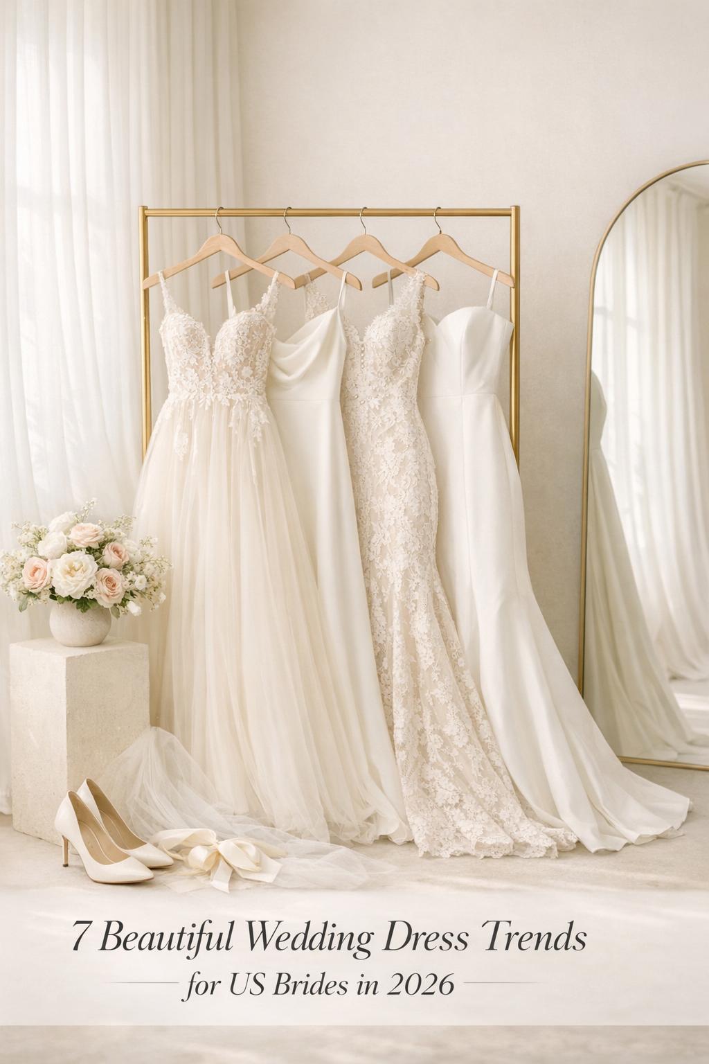 Beautiful wedding dresses on a curated 2026 bridal gown rack in a sunlit boutique fitting area with soft ivory fabrics.