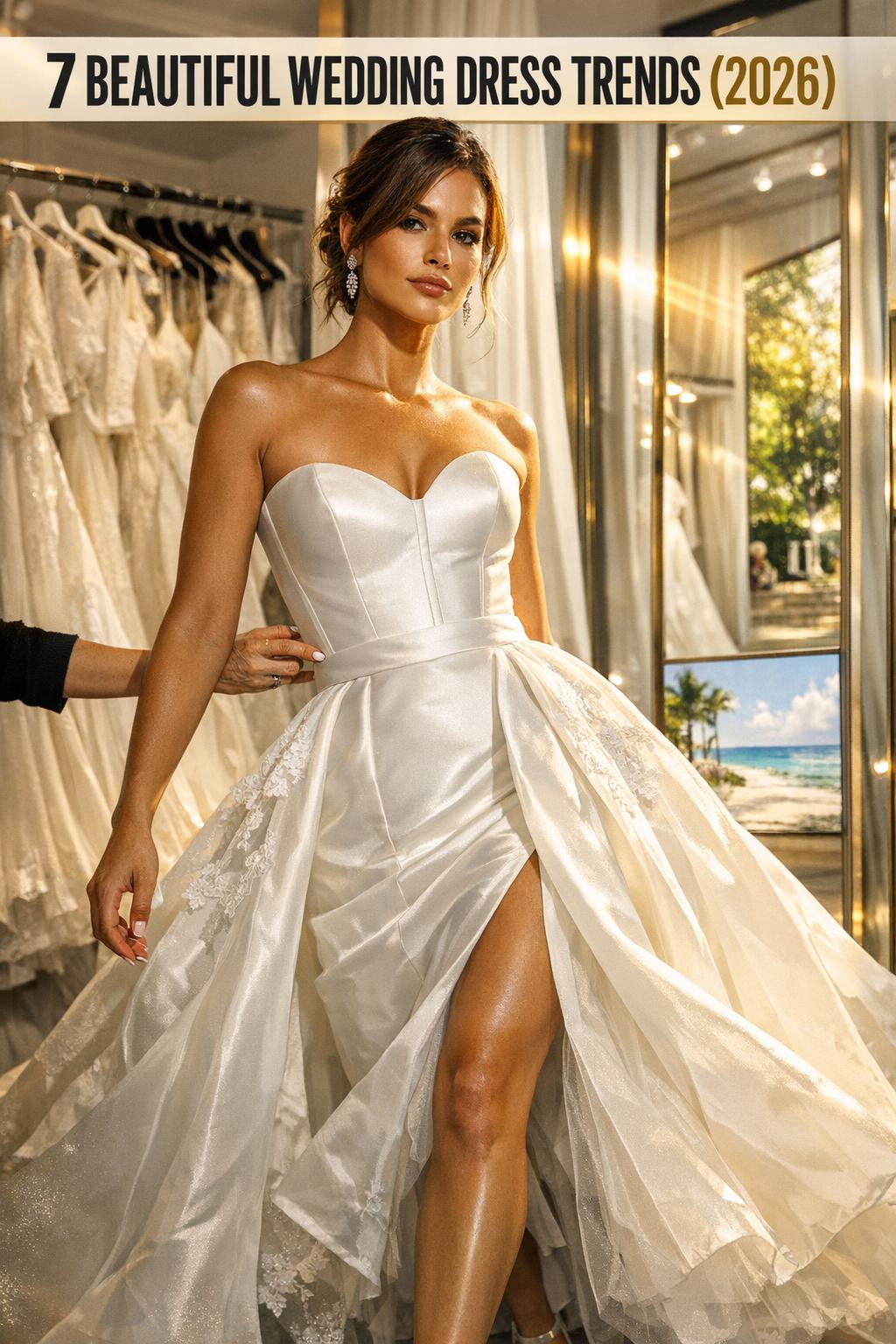 Beautiful wedding dresses displayed on elegant mannequins in a bridal boutique showroom