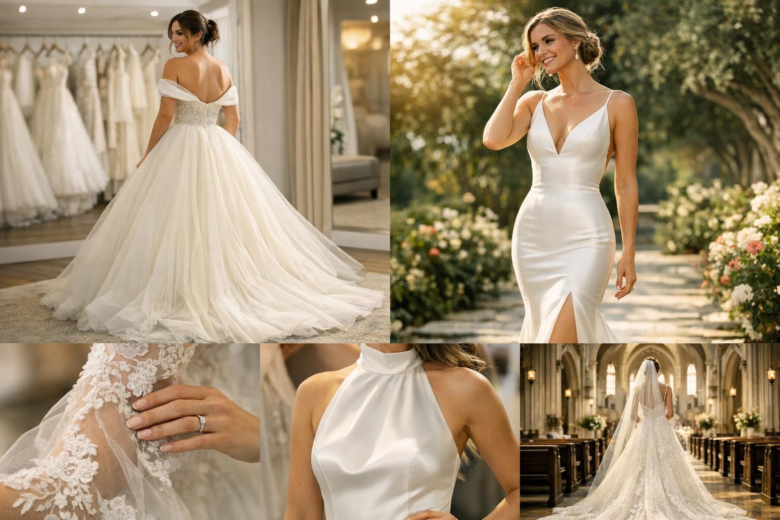 Beautiful wedding dresses on display with lace, satin, and tulle gowns in a bright bridal boutique showroom