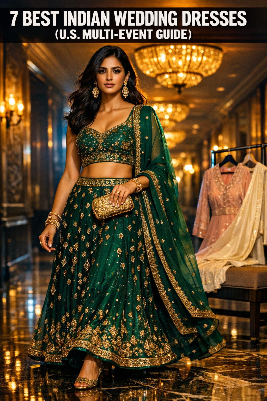 Bride in best Indian wedding dresses posing in ornate bridal lehenga with jewelry