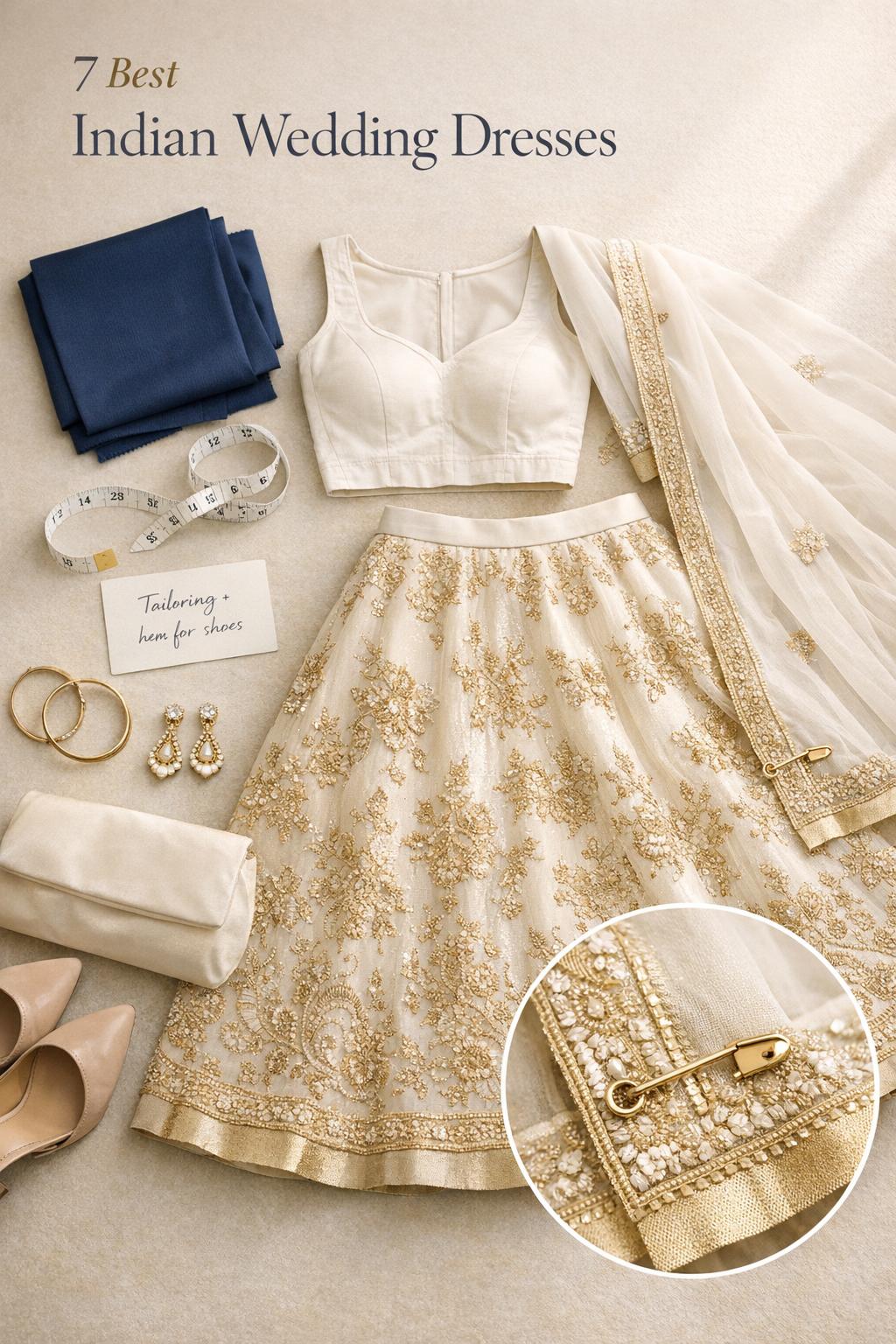 Best Indian wedding dresses flat lay with ivory bridal lehenga, tailoring notes, neutral heels, and jewelry in soft daylight