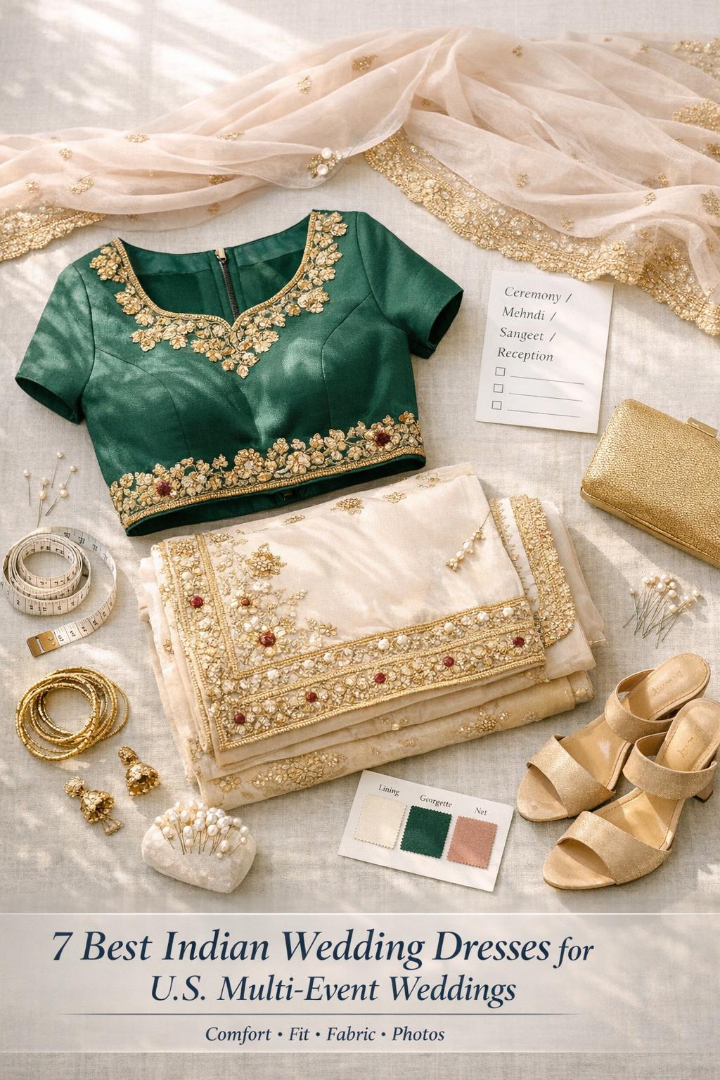 Best Indian wedding dresses flat lay with lehenga, dupatta, gold jewelry, sandals, and planning checklist in soft sunlit style