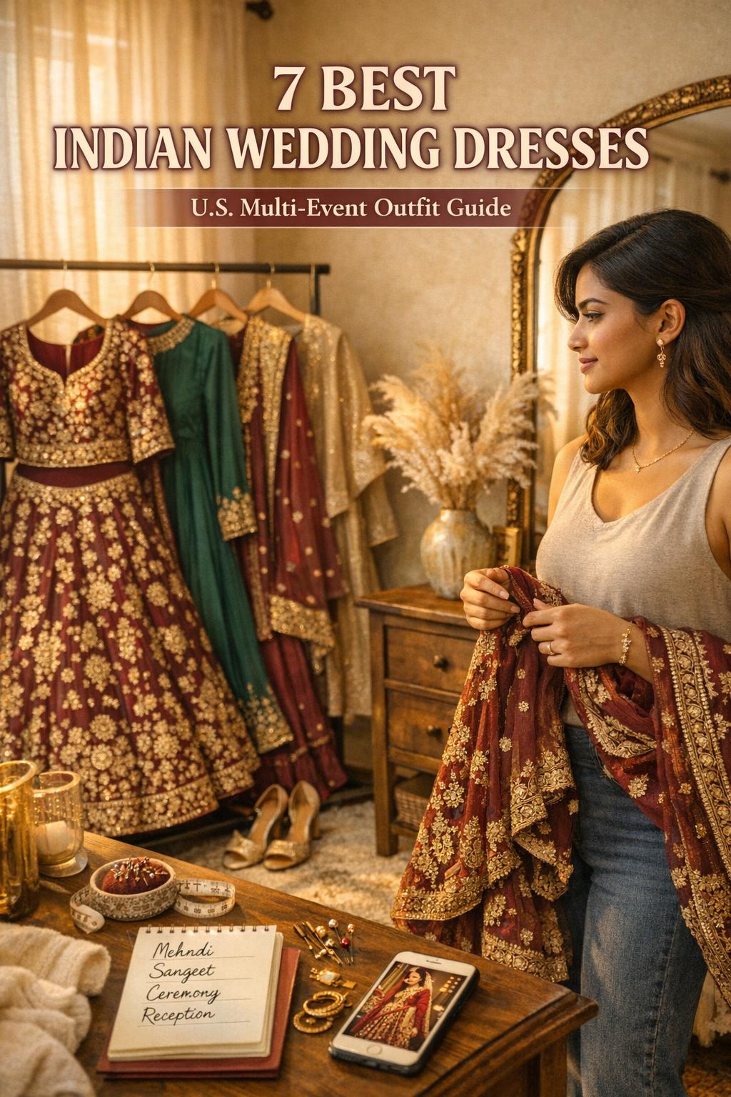 Best indian wedding dresses planning in a sunlit apartment dressing area with lehenga, dupatta, jewelry tray, and checklist