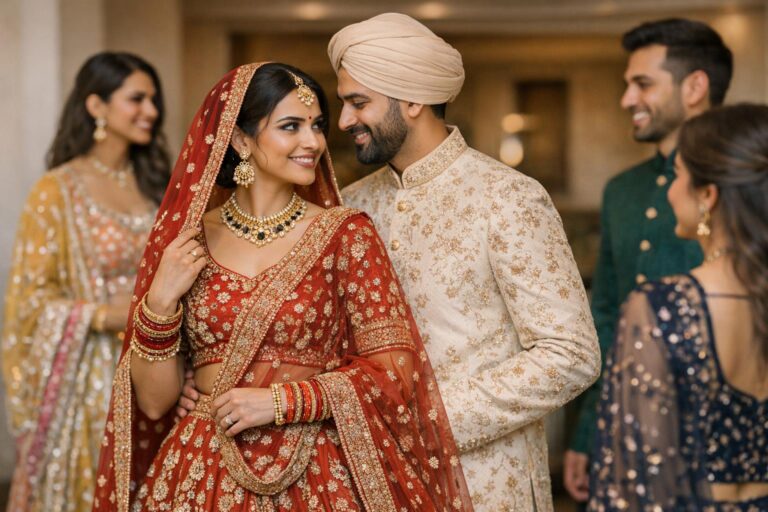 Best Indian wedding dresses displayed as embroidered lehenga, saree, and anarkali outfits styled for U.S. multi-event weddings