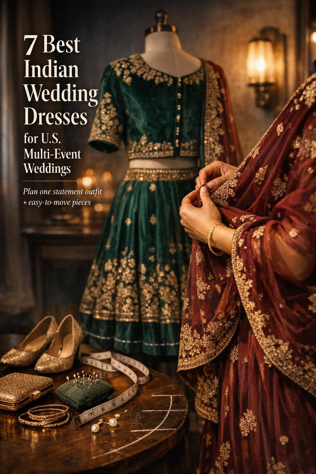 Best indian wedding dresses flat lay with dupatta, lehenga, tailoring details, and shoes in a moody U.S. wedding dressing room