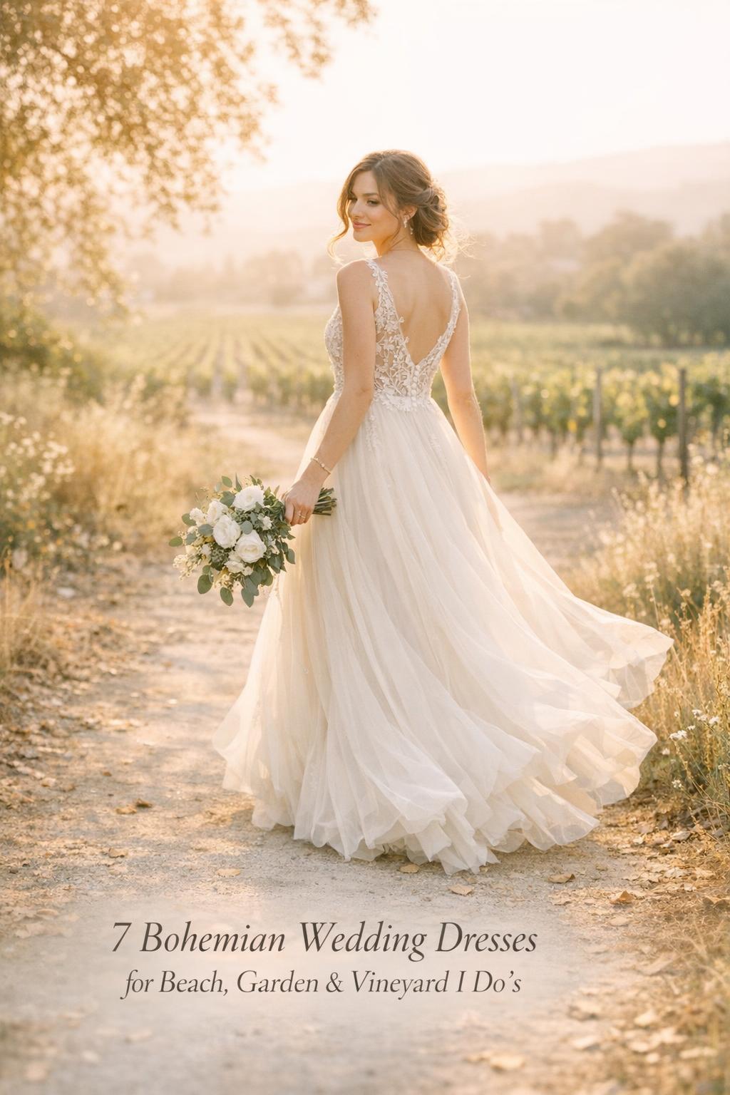 Bohemian wedding dresses bride walking on a sunlit garden path toward a vineyard, airy golden-hour boho wedding style