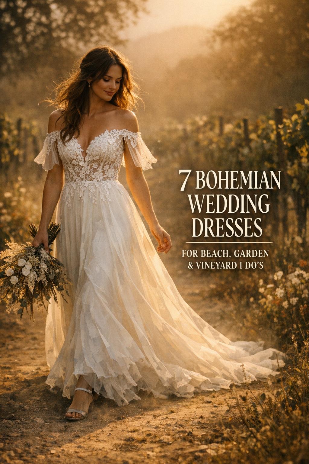 Bohemian wedding dresses bride walking a vineyard path at golden hour with bouquet and airy cinematic negative space