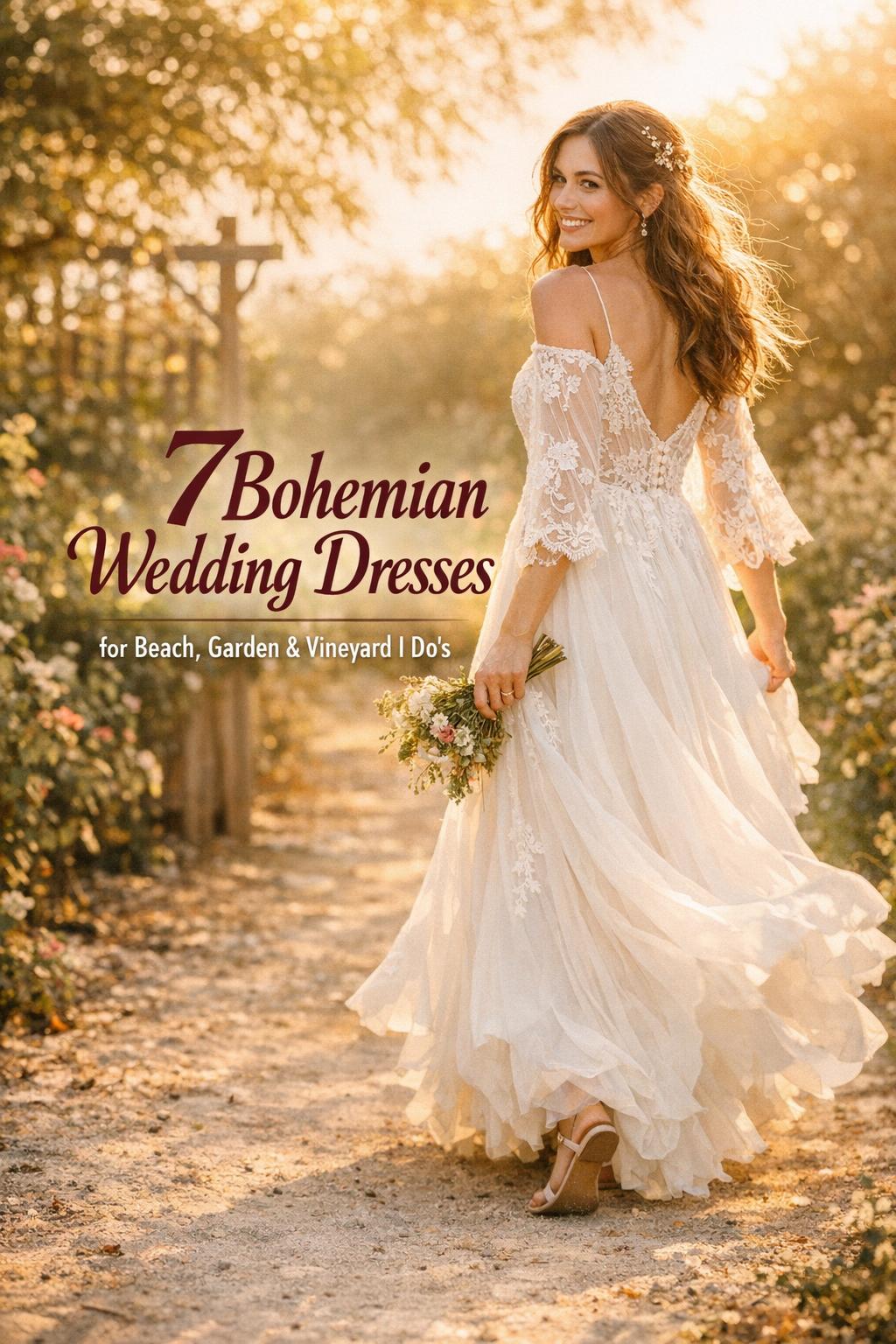 Bride strolling a vineyard path in golden light, showcasing bohemian wedding dresses with lace sleeves and flowing chiffon