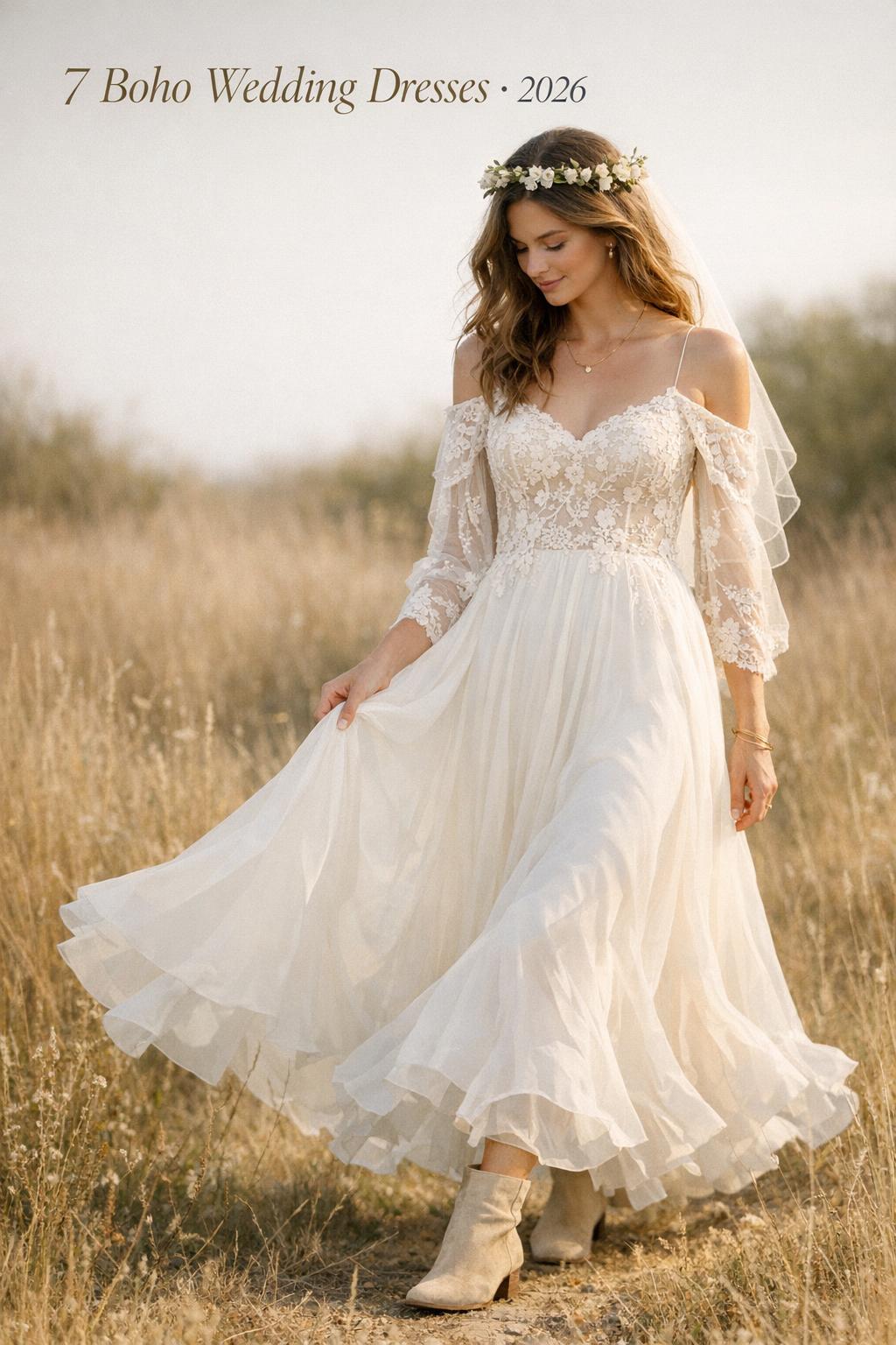 Sunlit meadow bride in ivory lace chiffon gown with veil, showcasing boho wedding dresses at golden hour