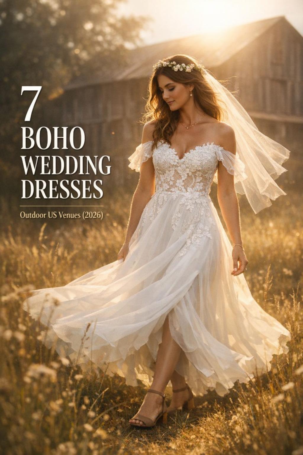 Boho wedding dresses bride in flowing lace gown at golden hour near rustic barn with text overlay