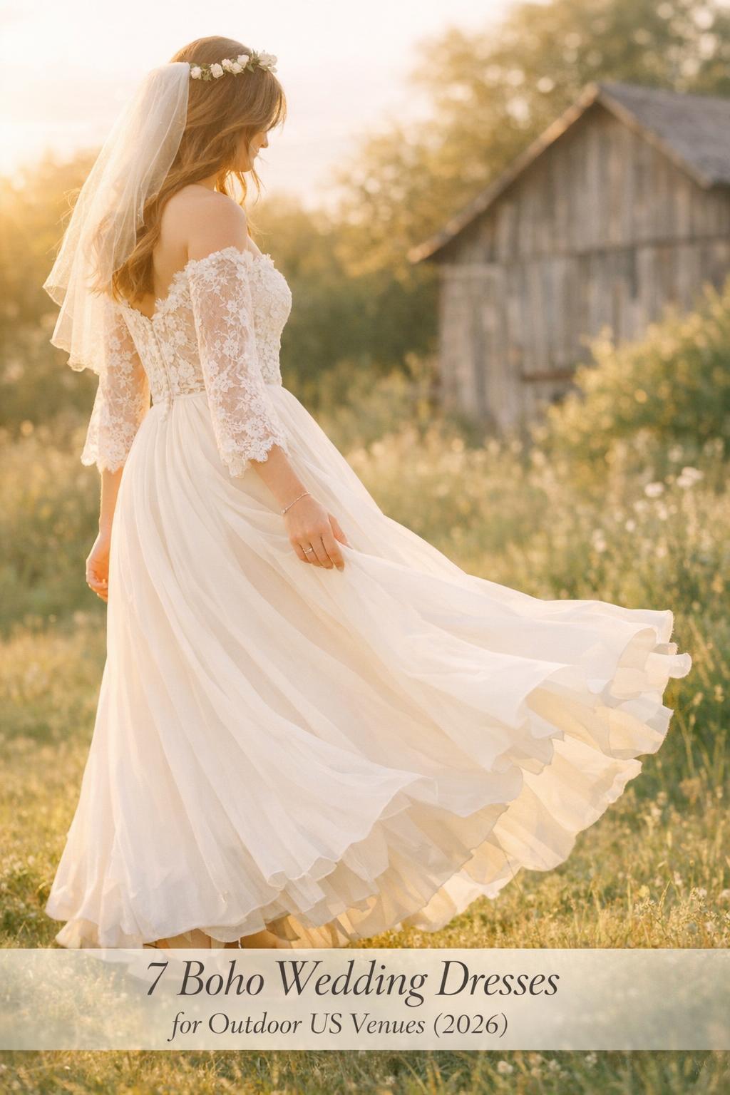 Boho wedding dresses in sunlit outdoor meadow, lace chiffon gown with soft banner text for US venues 2026