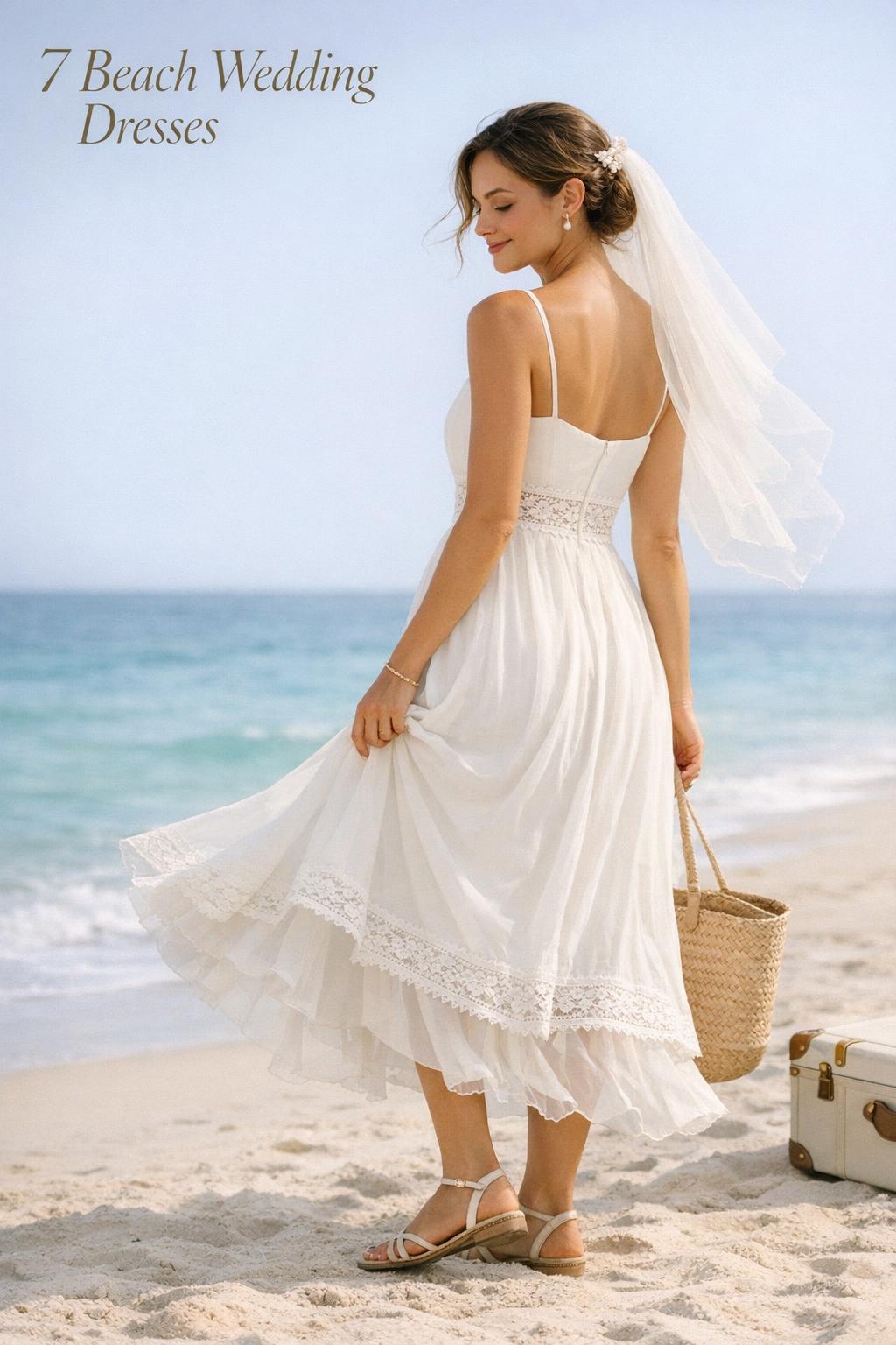 Bride in ivory chiffon gown on sunny shoreline, showcasing chic beach wedding dresses for wind and sun