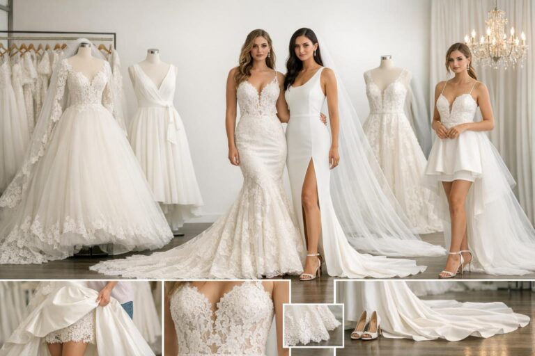 Bride in a classic A-line long wedding dress with train, photographed indoors with soft natural light