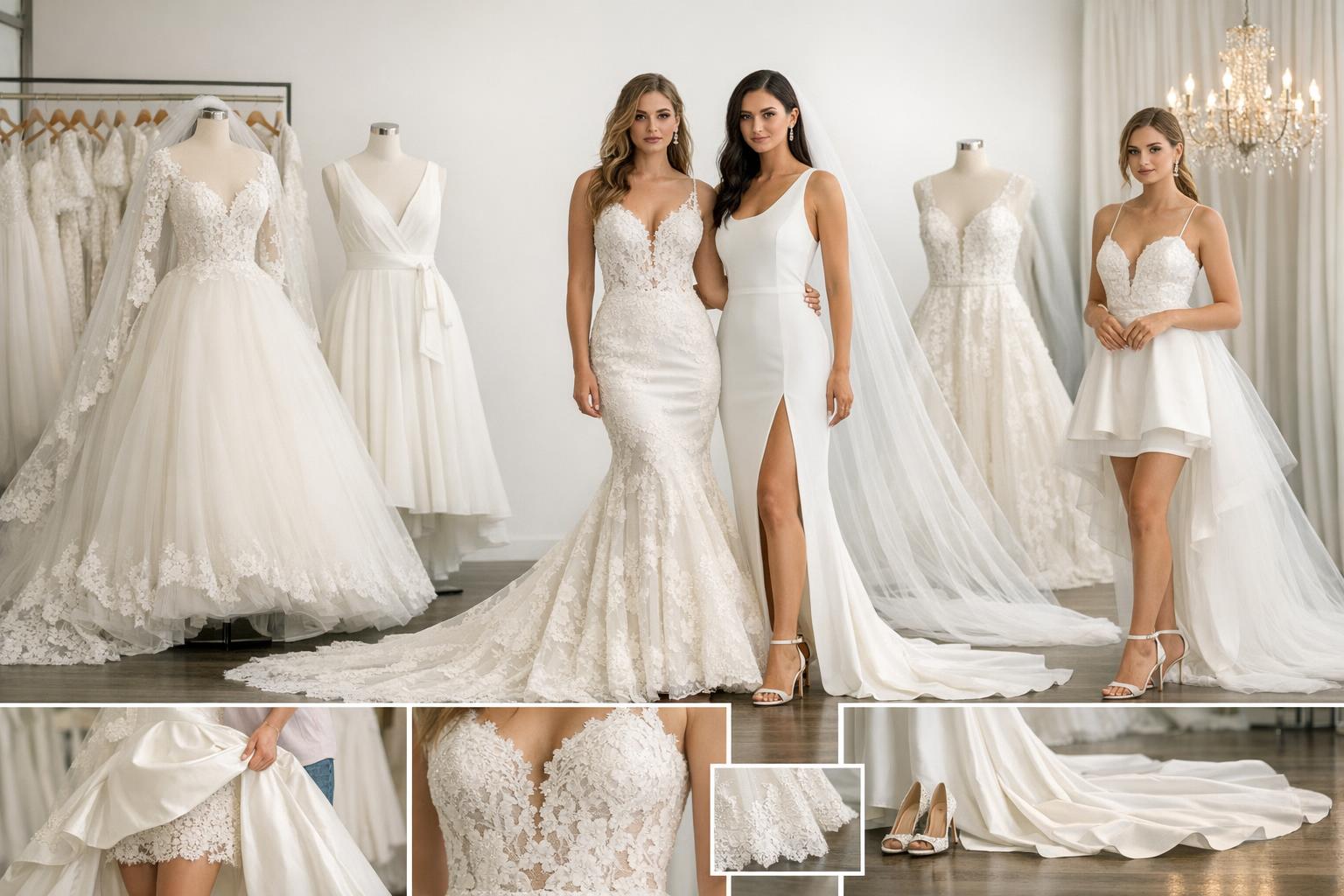 Bride in a classic A-line long wedding dress with train, photographed indoors with soft natural light