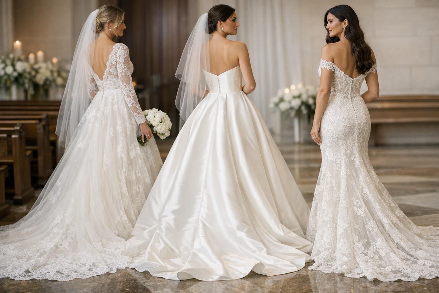 Bride in a classic lace and satin gown with long train, showcasing traditional wedding dresses in an elegant studio portrait