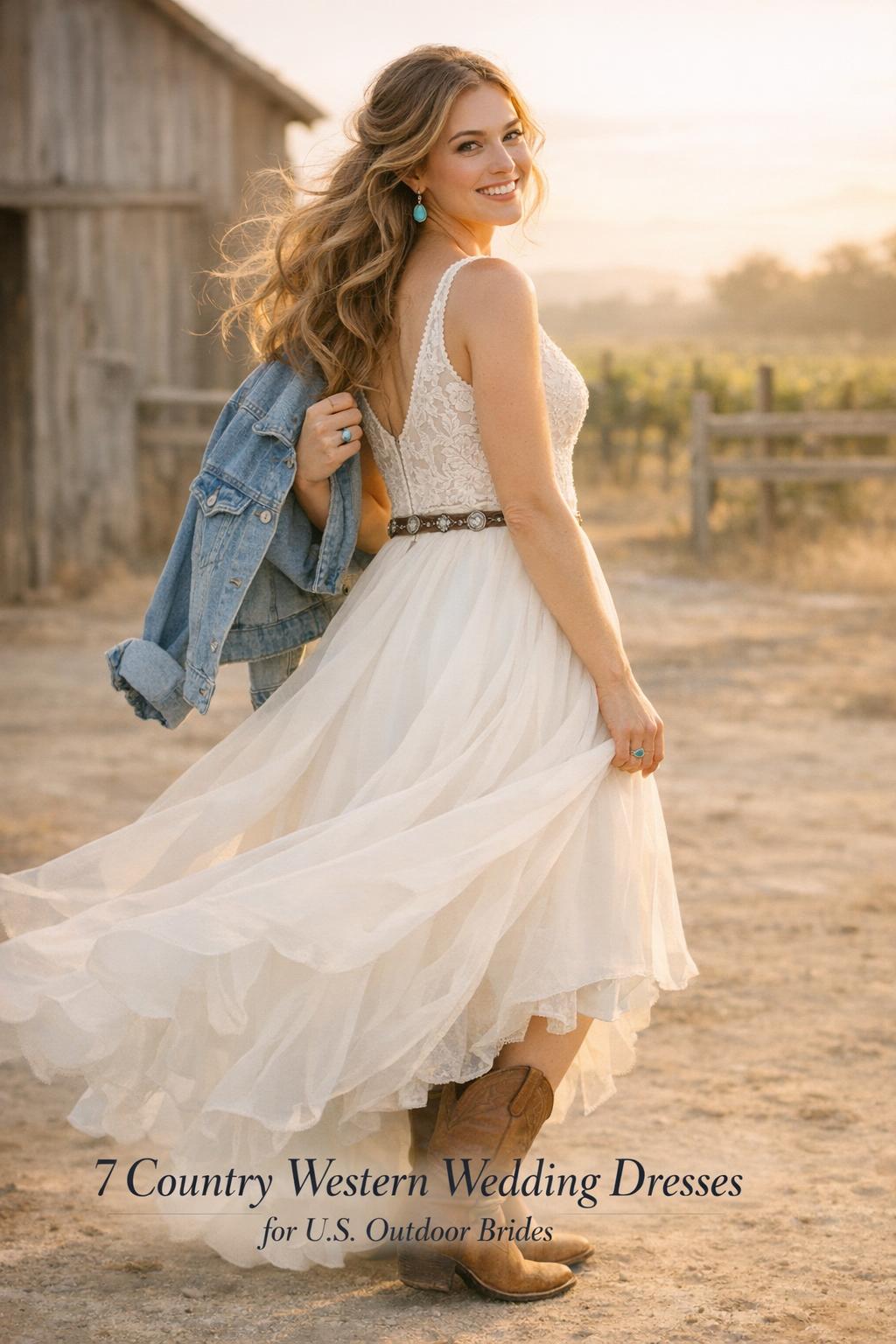 Bride in ivory lace and crepe gown with boots at ranch edge, showcasing country western wedding dresses at golden hour