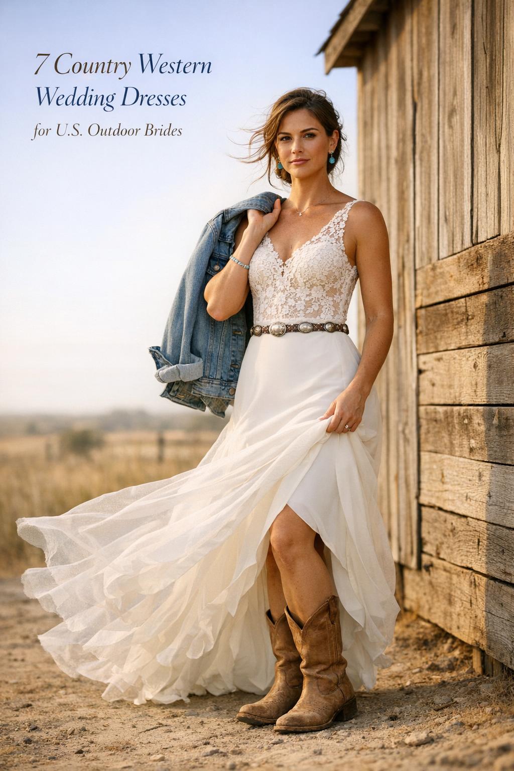 Bride in ivory lace dress and tan boots at golden-hour ranch, showcasing country western wedding dresses