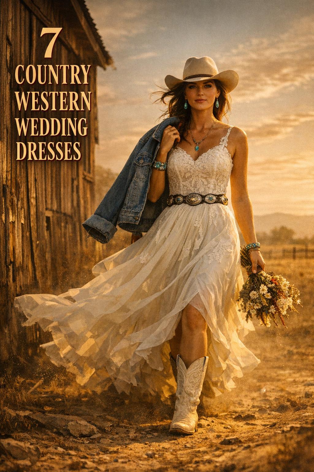 Bride in lace gown and cowgirl boots at golden-hour ranch barn, showcasing country western wedding dresses