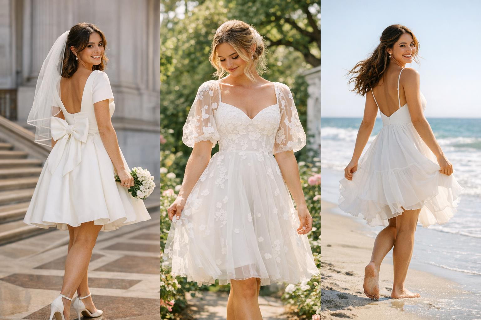 Bride in a cute wedding dress with floral lace and airy tulle skirt, perfect for city hall, garden, or beach