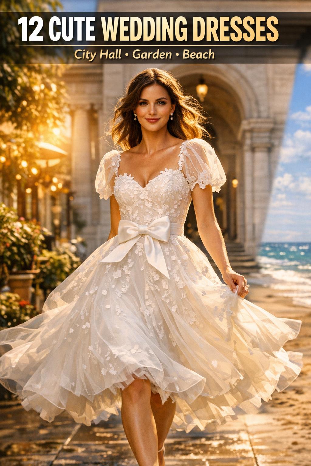 Cute wedding dresses hanging on a rack in a bright bridal boutique