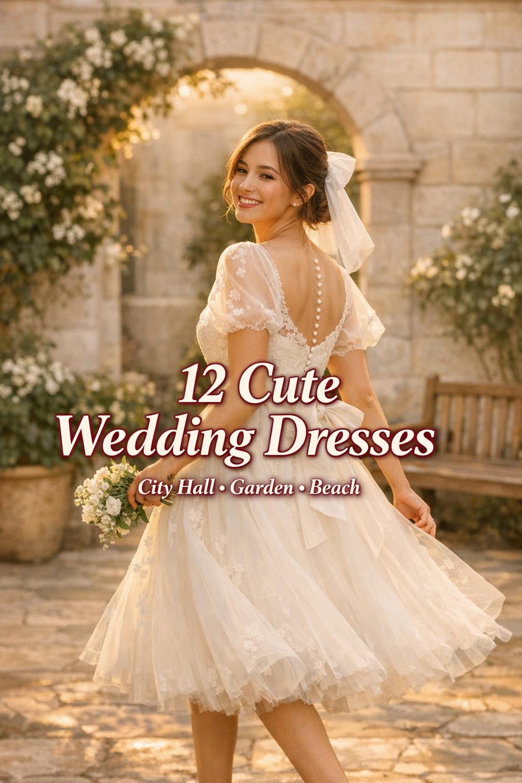 Cute wedding dresses photo of a bride-to-be in a sunlit courtyard garden wearing an airy tea-length dress with puff sleeves