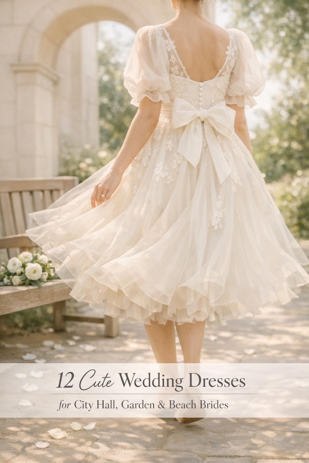 Cute wedding dresses: tea-length ivory A-line city hall garden bridal dress in motion by stone archway in morning light