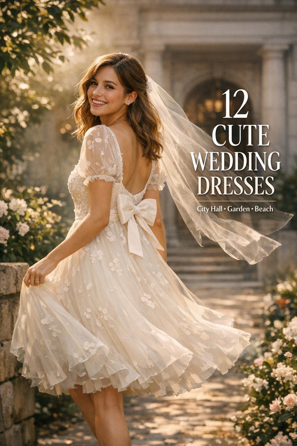 Smiling bride in tea-length ivory dress in sunlit courtyard, showcasing cute wedding dresses with city hall backdrop