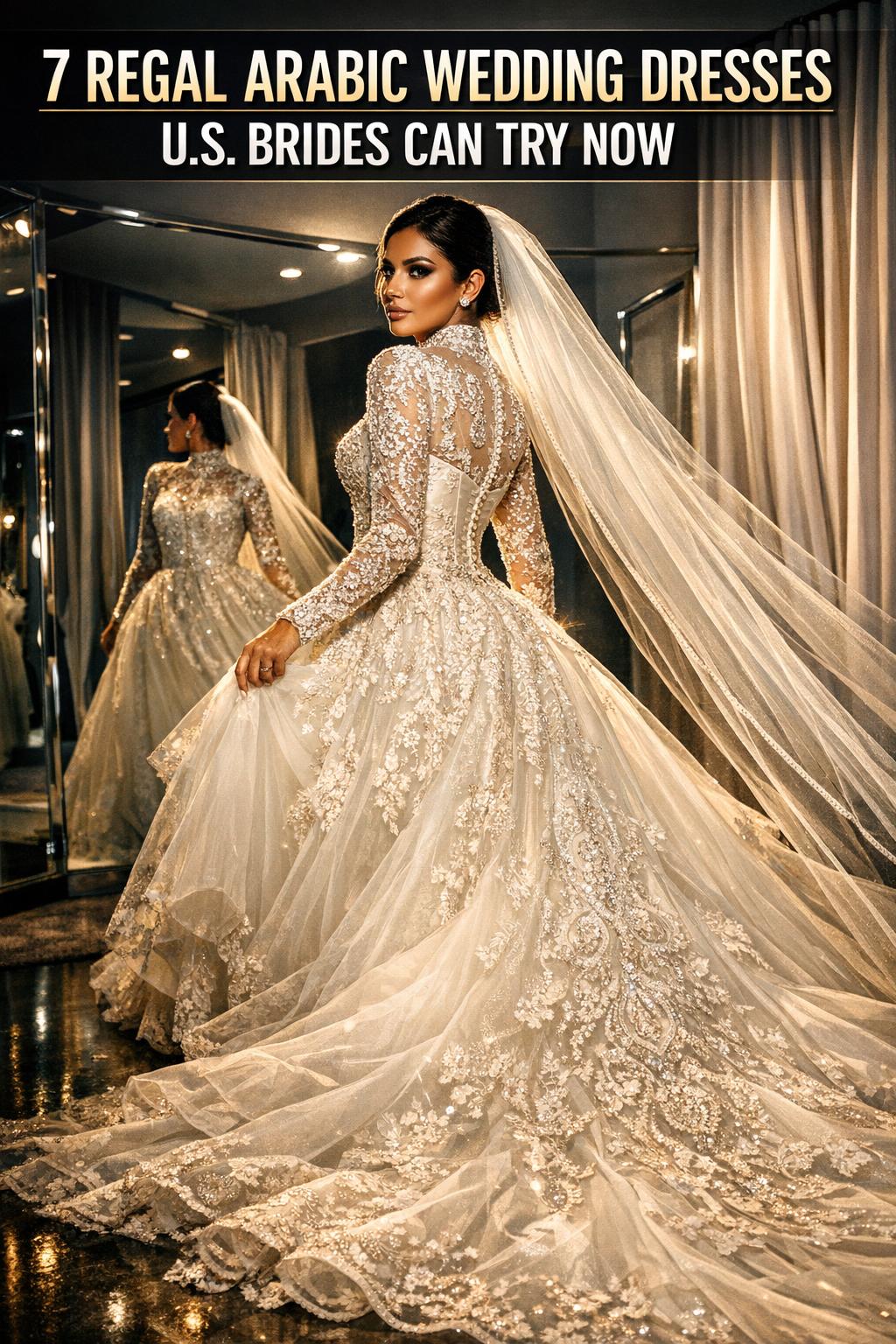 Bride in elegant arabic wedding dresses with intricate embroidery and a flowing veil in a luxurious ballroom