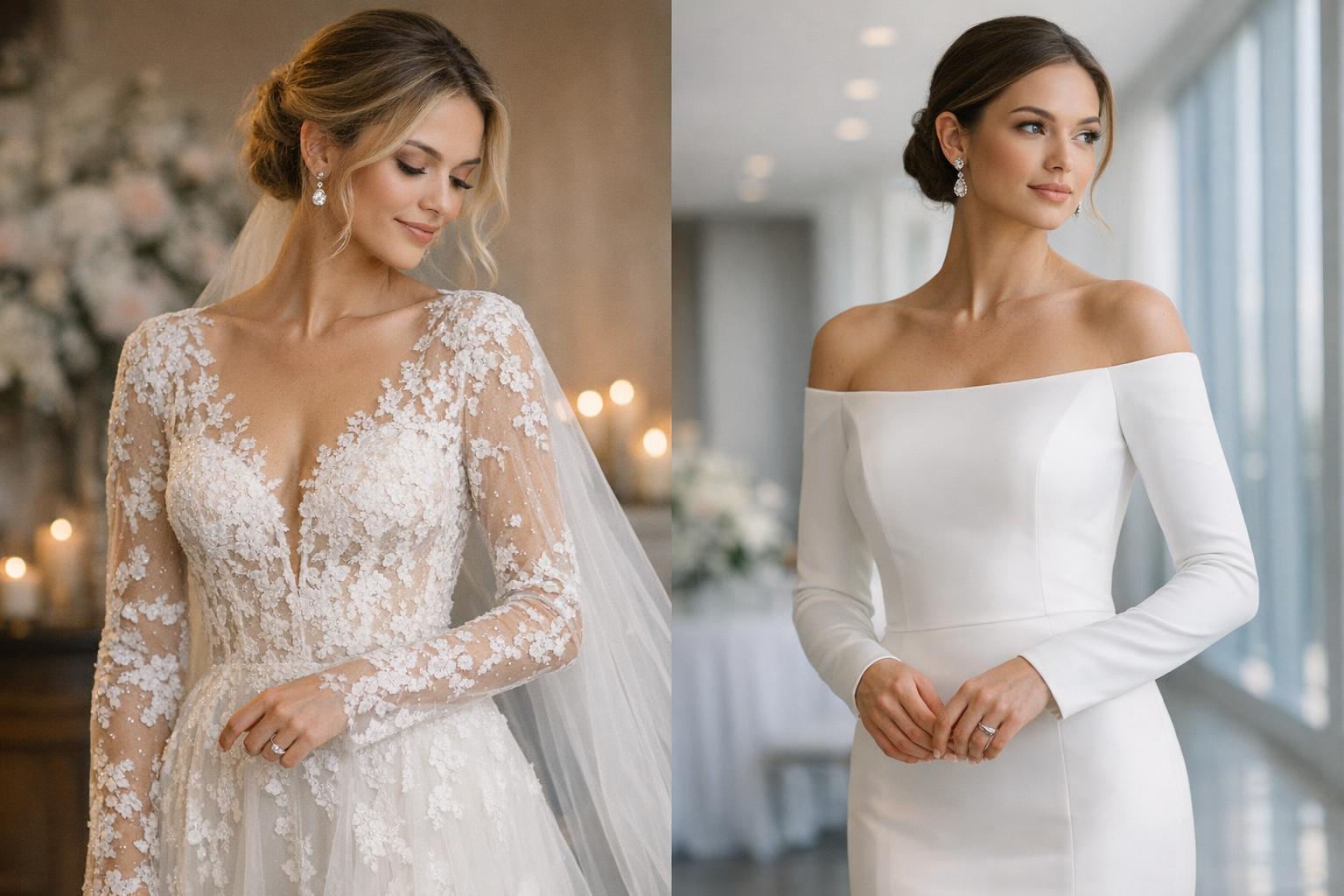 Bride wearing elegant long sleeve wedding dress with lace sleeves and flowing skirt in a classic US wedding venue