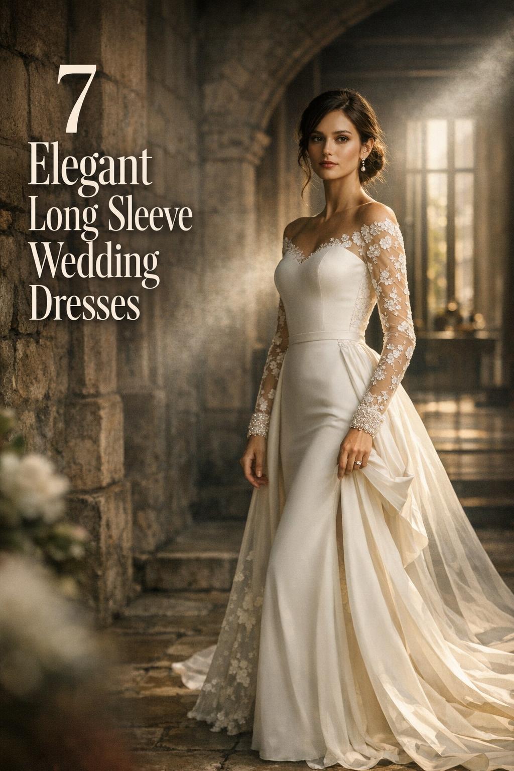 Elegant long sleeve wedding dresses bridal editorial photo in moody stone aisle with sunlight beam and text overlay