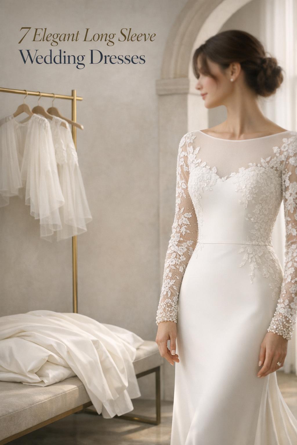 Elegant long sleeve wedding dresses styled in a minimalist studio with detachable train and cape beside a lace gown