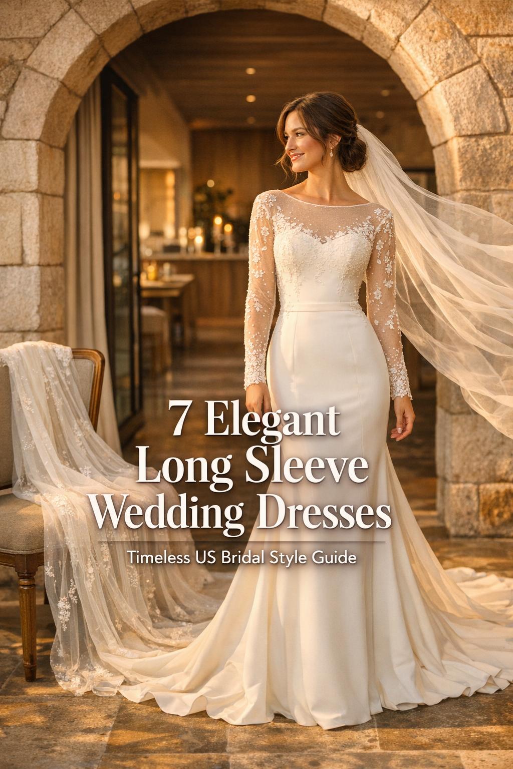 Elegant long sleeve wedding dresses on a bride in warm golden-hour light inside a stone archway venue with modern wood interior